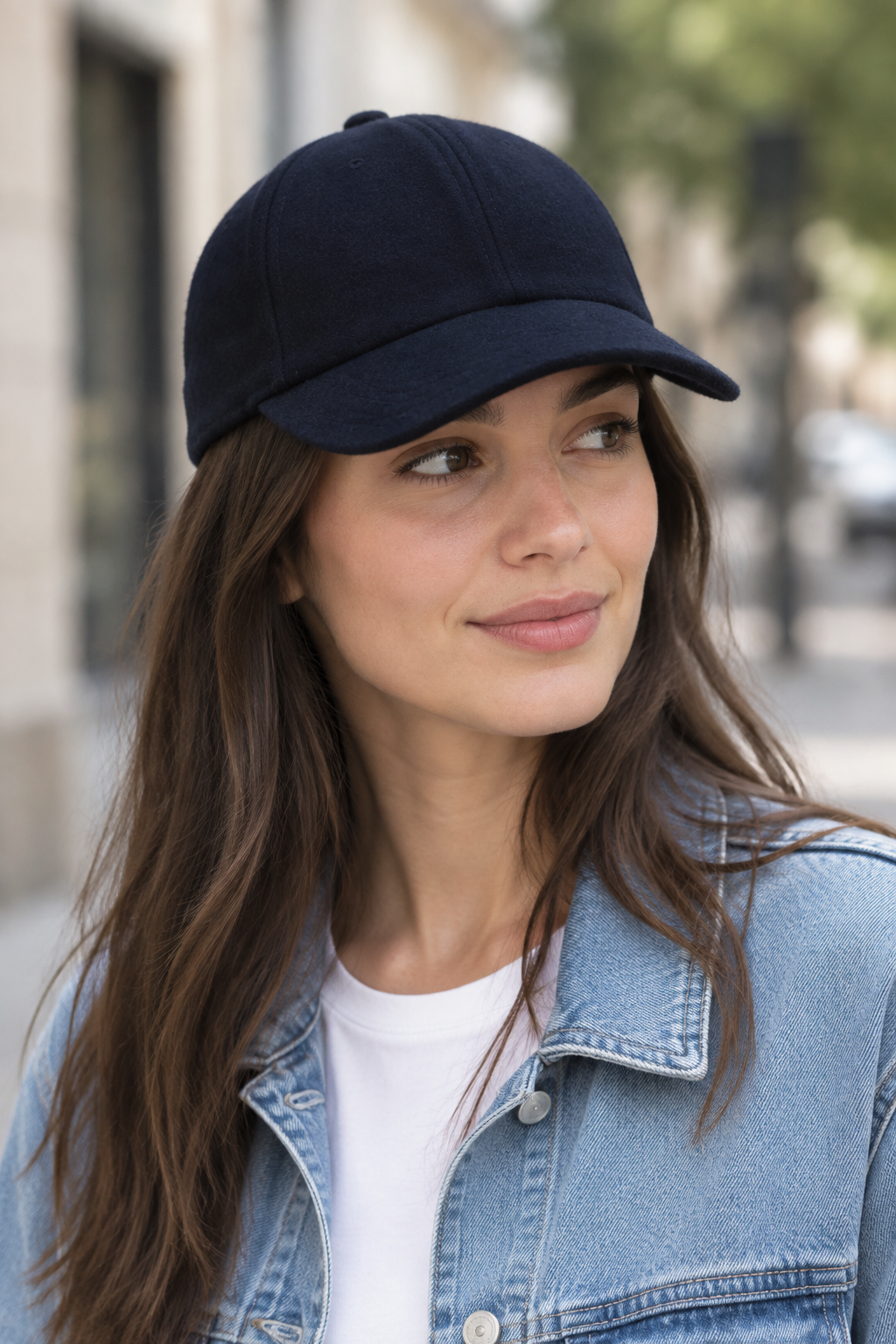 Jeune femme portant une casquette visière bleu foncée