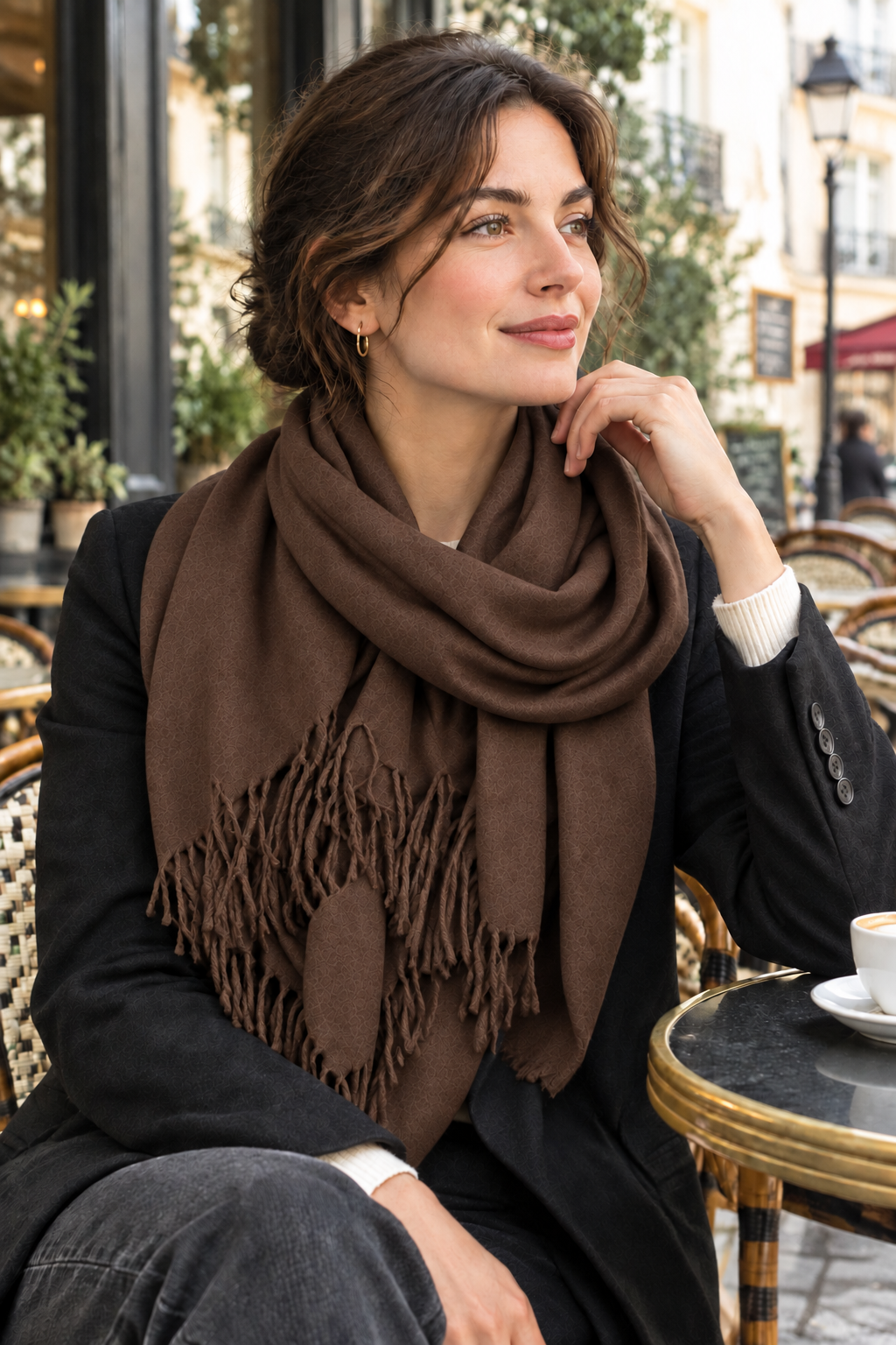 Jeune femme assisse en terrasse qui porte une grosse écharpe en laine et cachemire marron chocolat