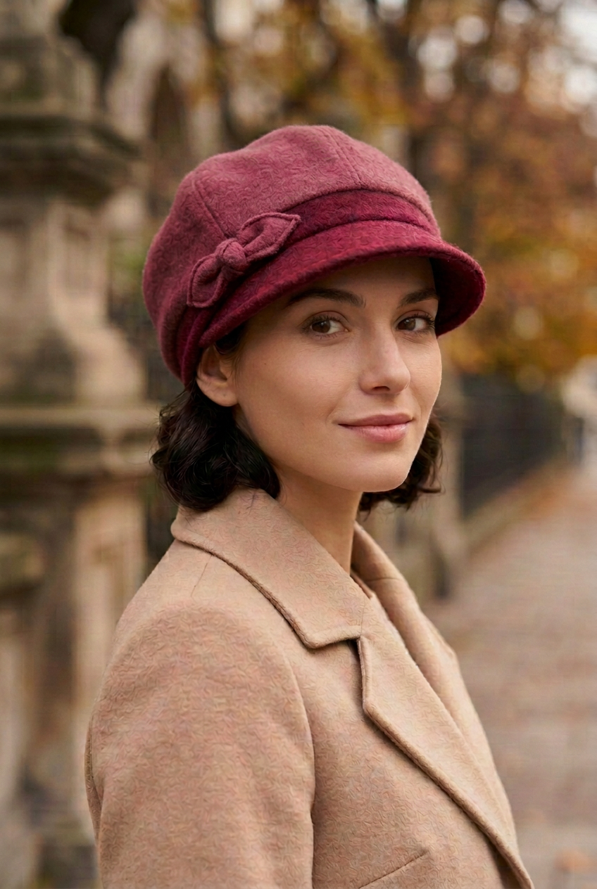 Jeune femme portant une casquette gavroche en Laine de couleur vieux rose et bordeaux
