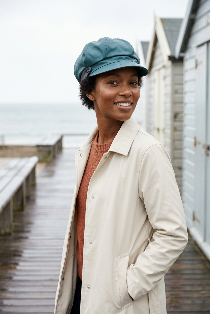 Jeune femme portant la casquette bleu-vert en tissu enduit sur une promenade en bord de mer