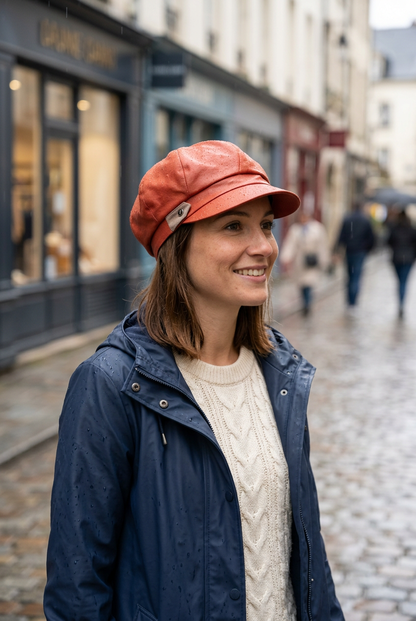 Jeune femme portant la casquette brique en tissu enduit sous une pluie légère