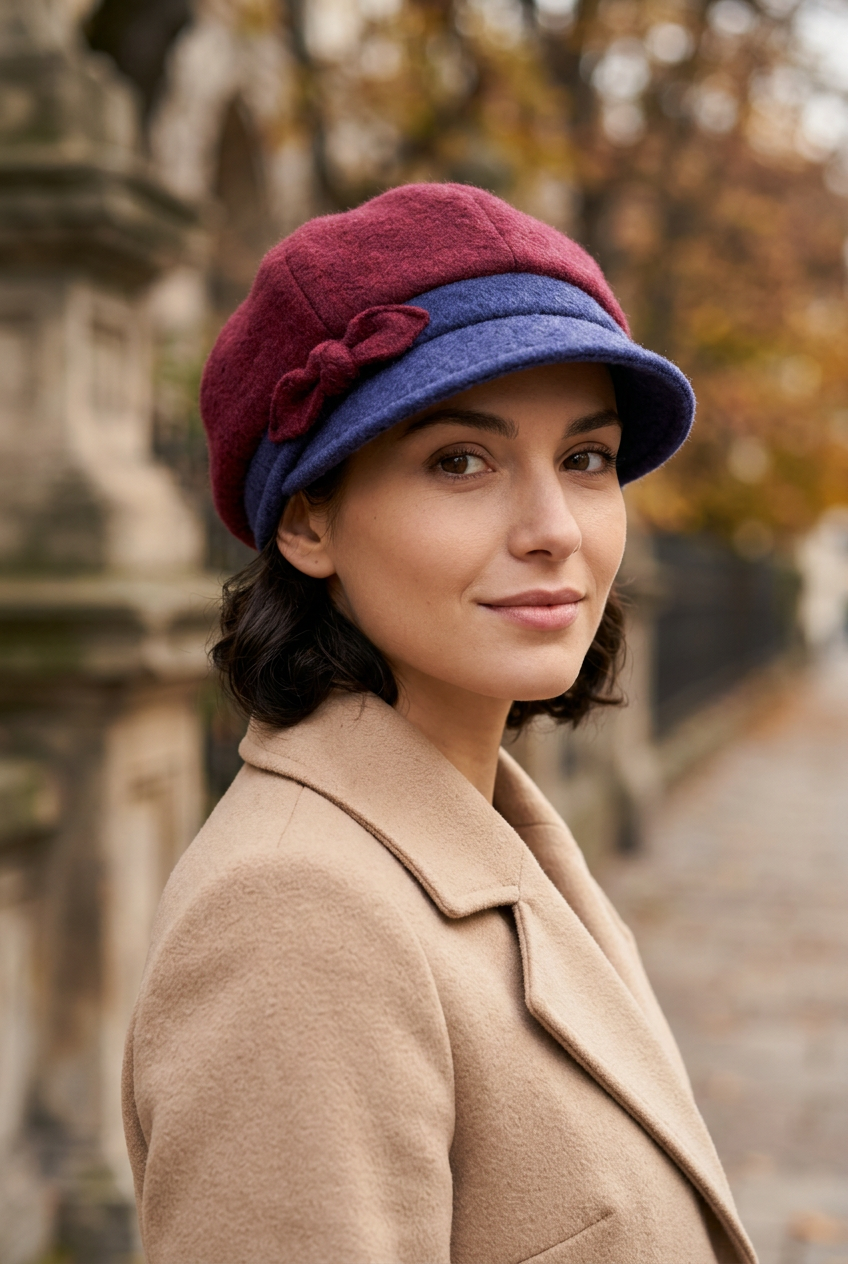 Jeune femme portant la casquette gavroche cintrée en laine bordeaux et bleu marine