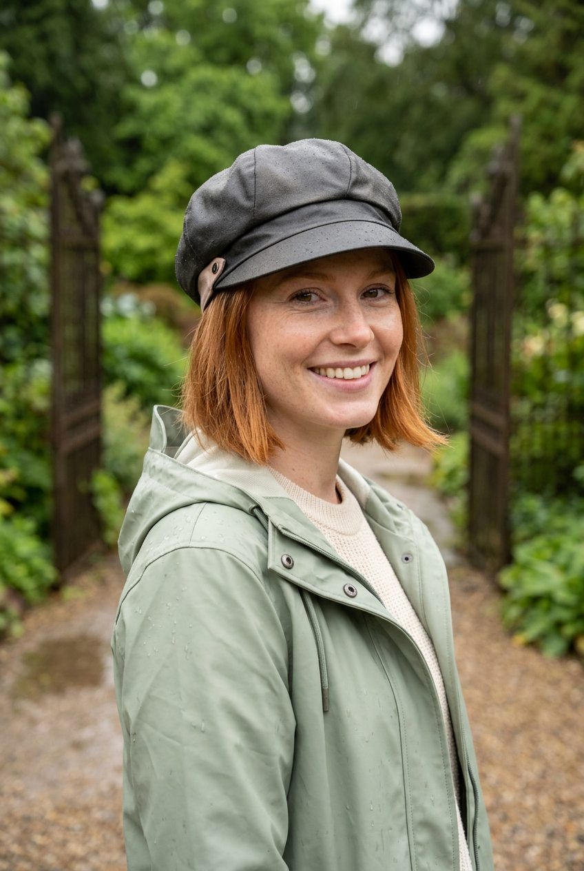 Jeune femme portant la casquette sombre en tissu enduit dans un jardin après la pluie