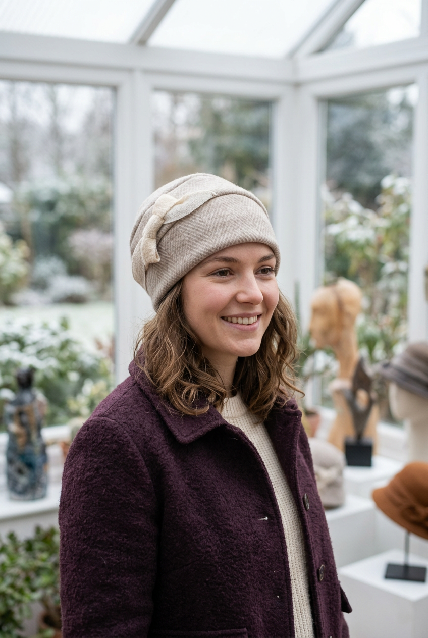 Jeune femme portant le bonnet beige grège sous une verrière