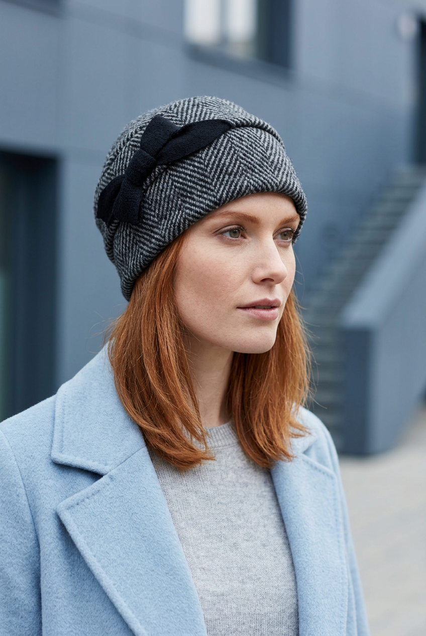 Jeune femme portant le bonnet noir et gris avec un nœud noir