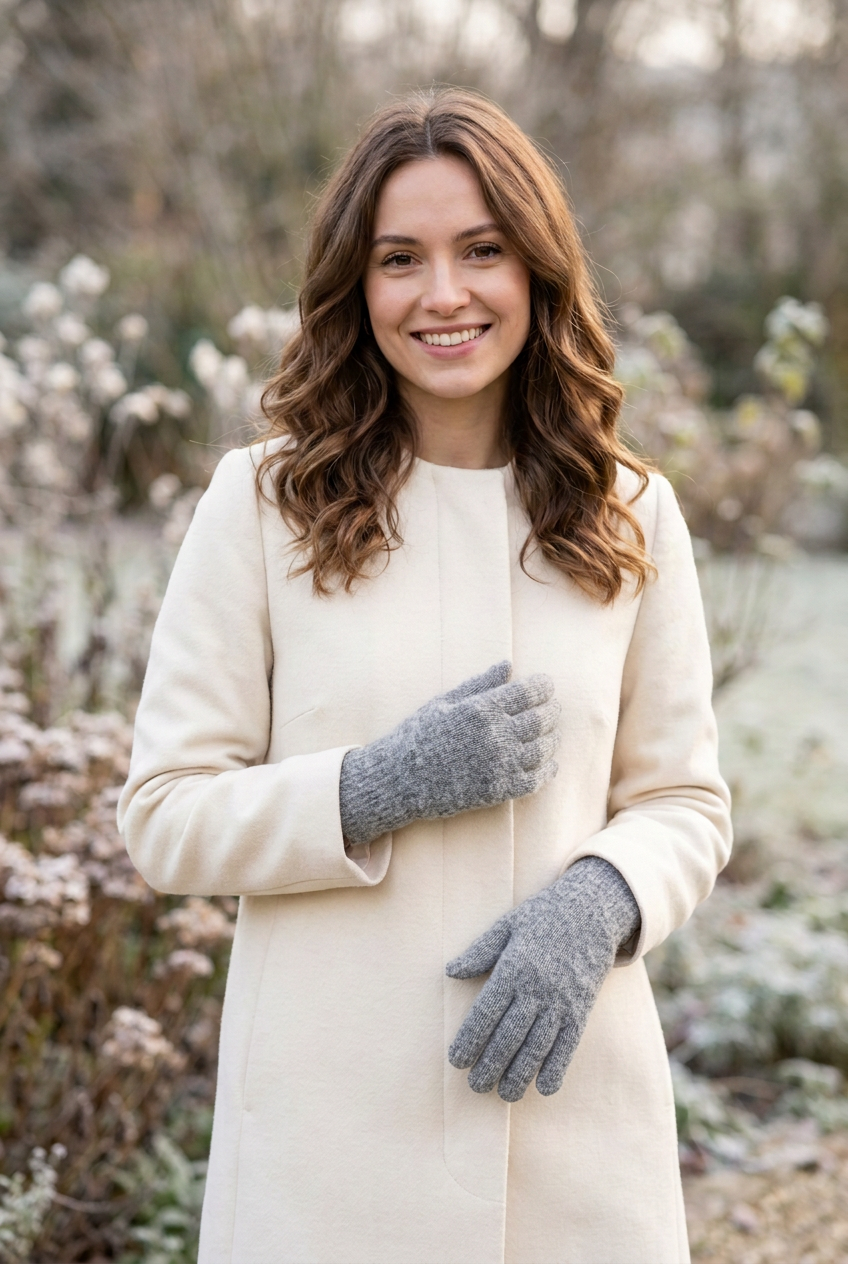 Jeune femme portant les gants gris avec un duvet réduit