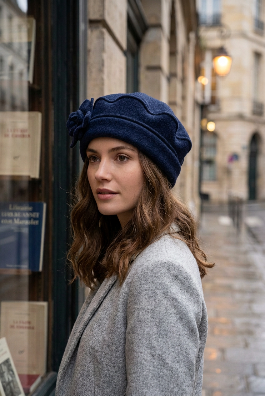 Une jeune femme dans la rue qui porte un béret en polaire avec un rabats pour les oreilles et une petite fleur sur le coté de couleur bleu marine