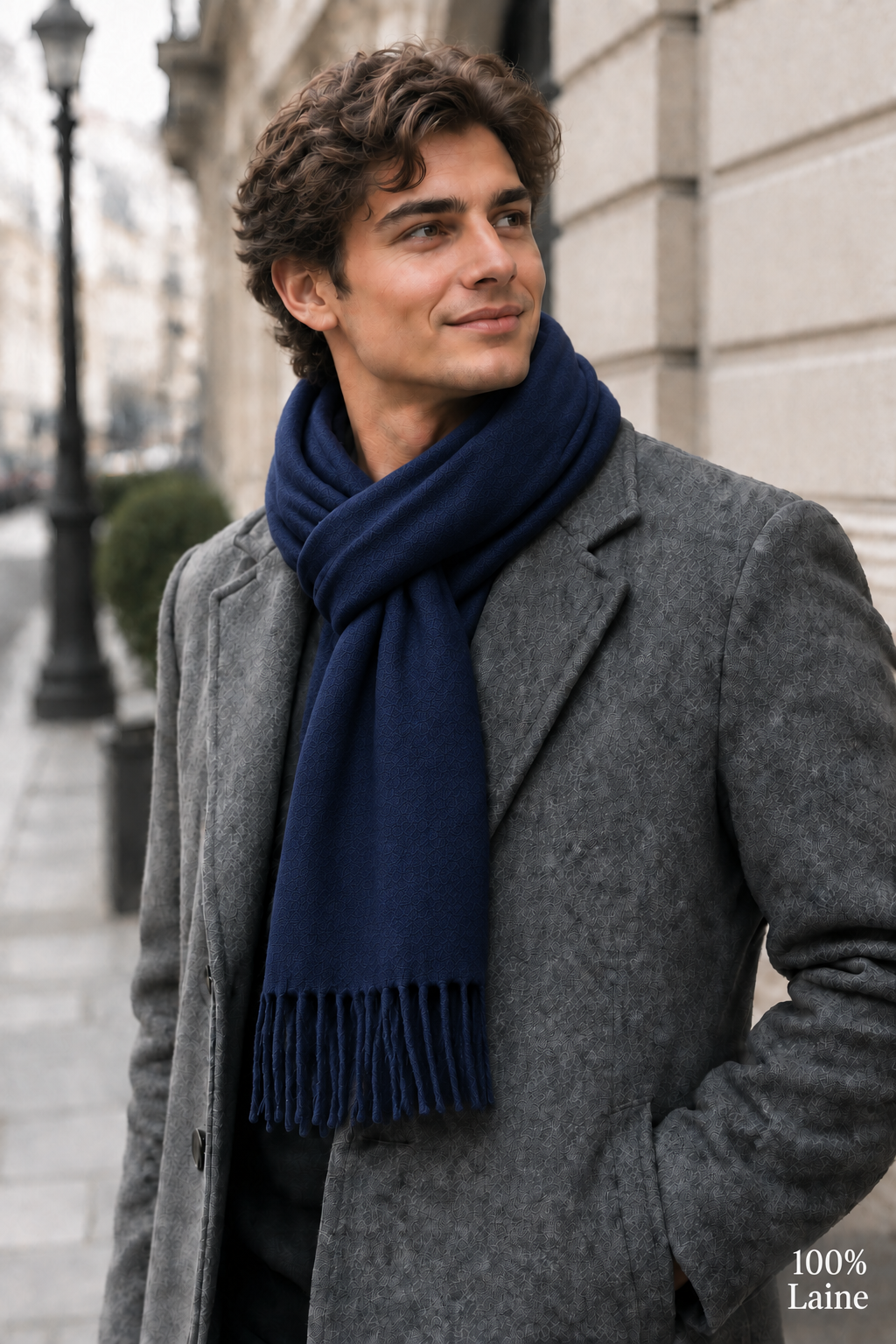 Jeune homme avec écharpe bleu marine