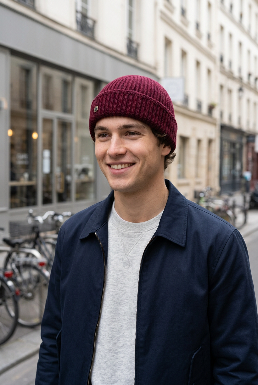 Jeune homme de 20 ans portant un bonnet bordeaux devant un café