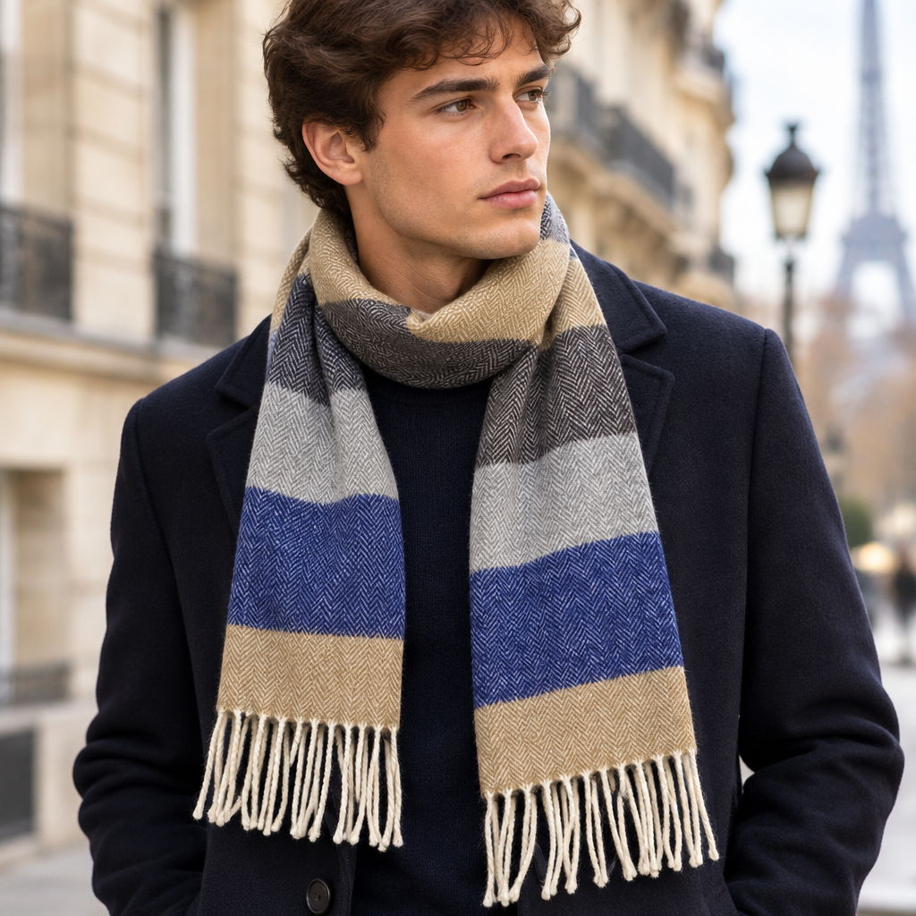 Jeune homme portant l’écharpe bleu, gris et beige
