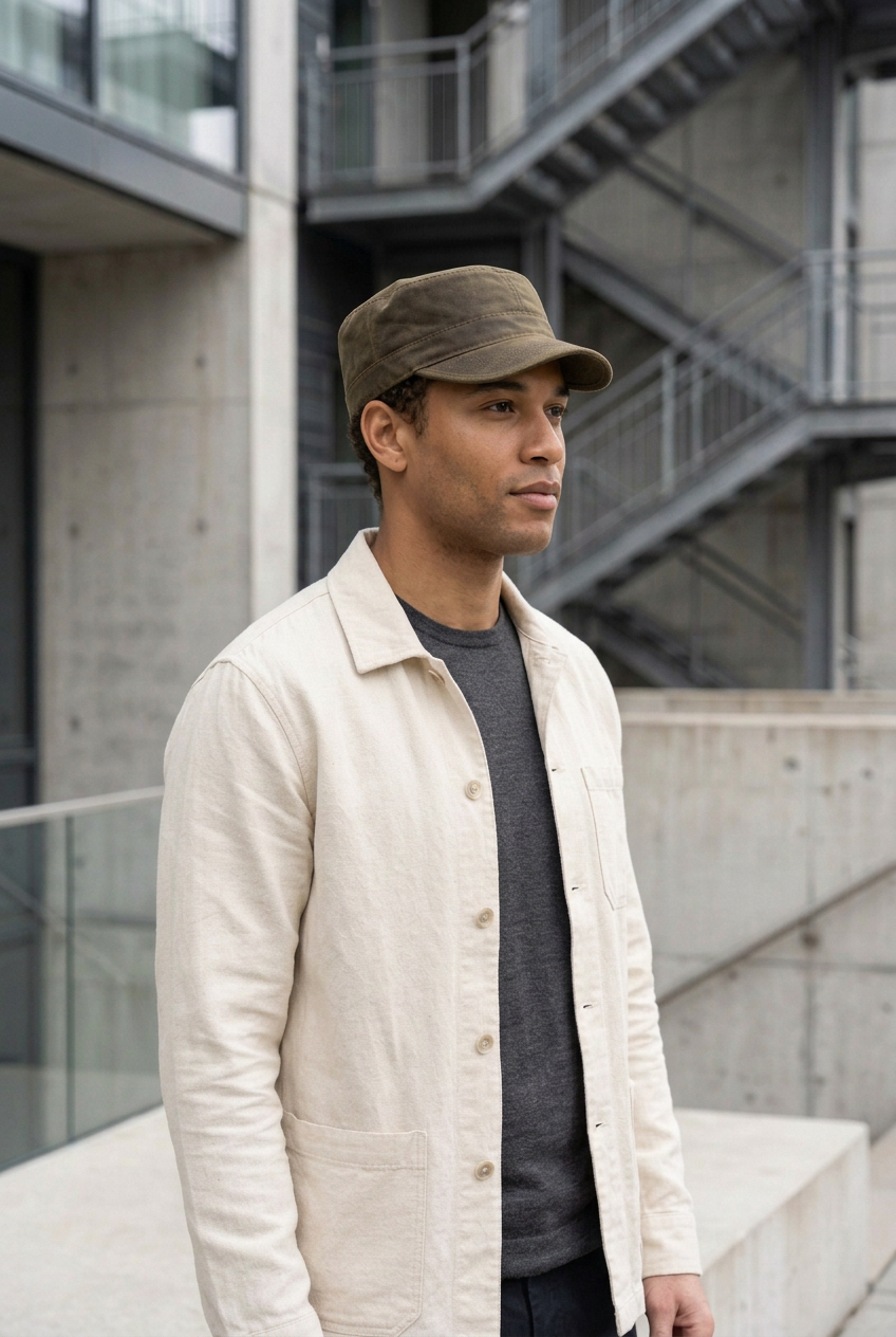 jeune homme portant la casquette army en coton huilé