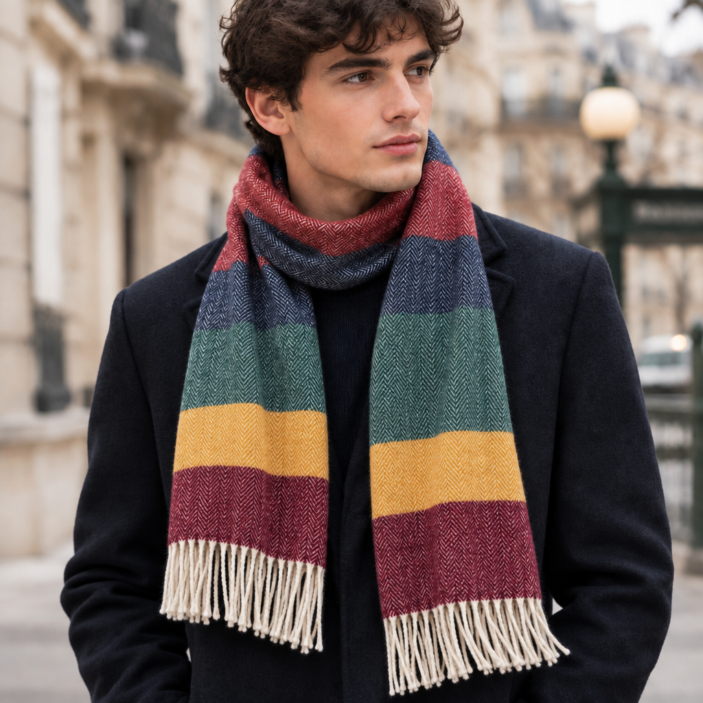 jeune homme qui porte une écharpe en laine rayée bordeaux, jaune et vert.