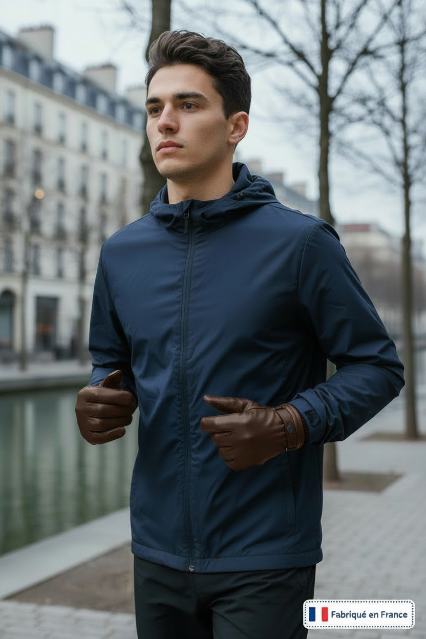 jeune homme fait son footing le long du canal avec des gants en cuir marron