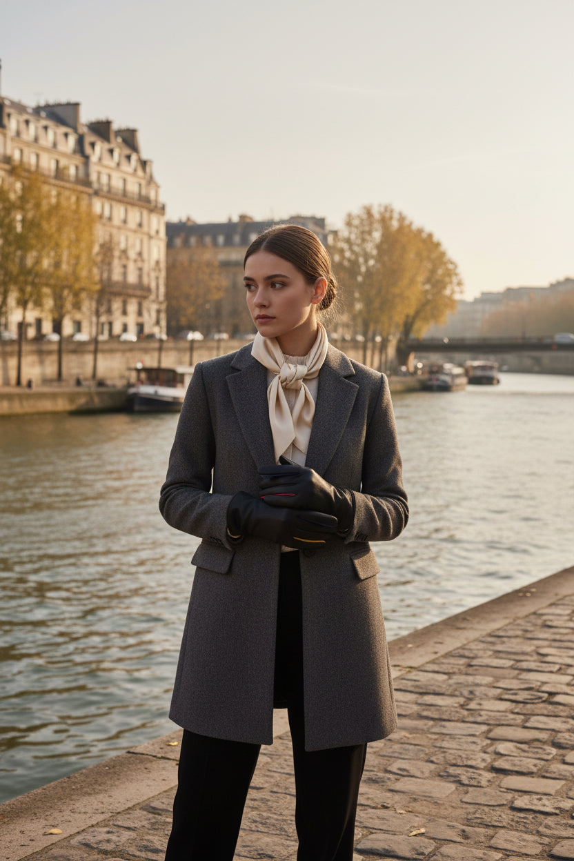 Jeune femme qui porte des gants en cuir noir avec les entre doigt coloré 
