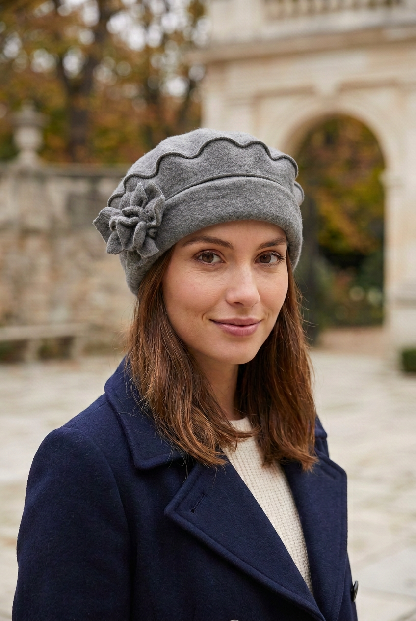 Une jeune femme dans un parc porte un béret en polaire avec un rabats pour les oreilles de couleur gris clair