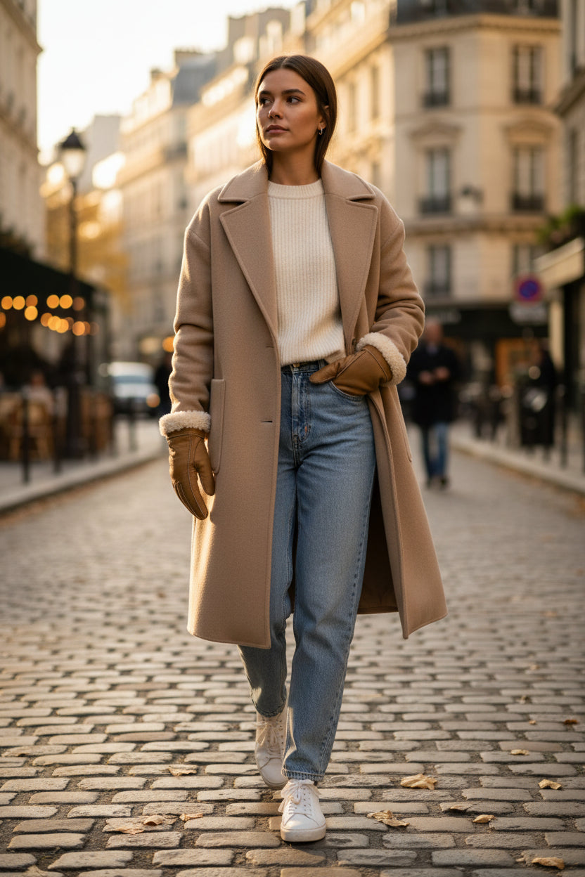 jeune femme se promenant dans la rue qui porte des gants en mouton retourné