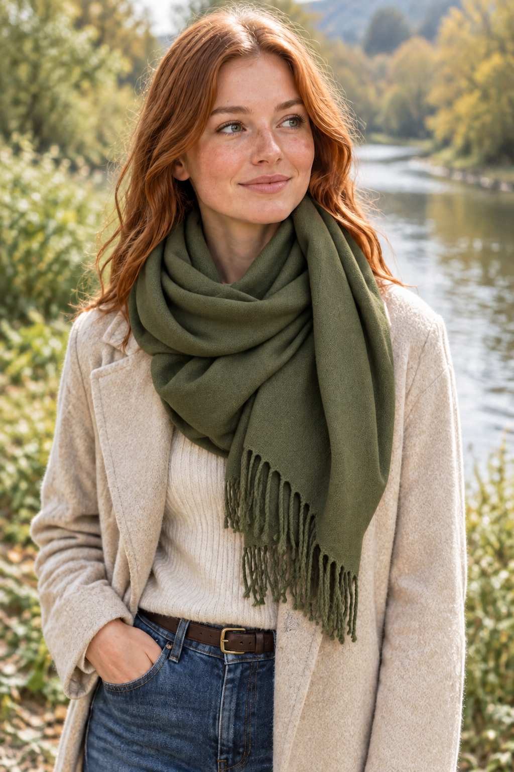 Jeune femme rousse portant une belle écharpe en cachemire et laine de couleur vert kaki au abord d'une rivière