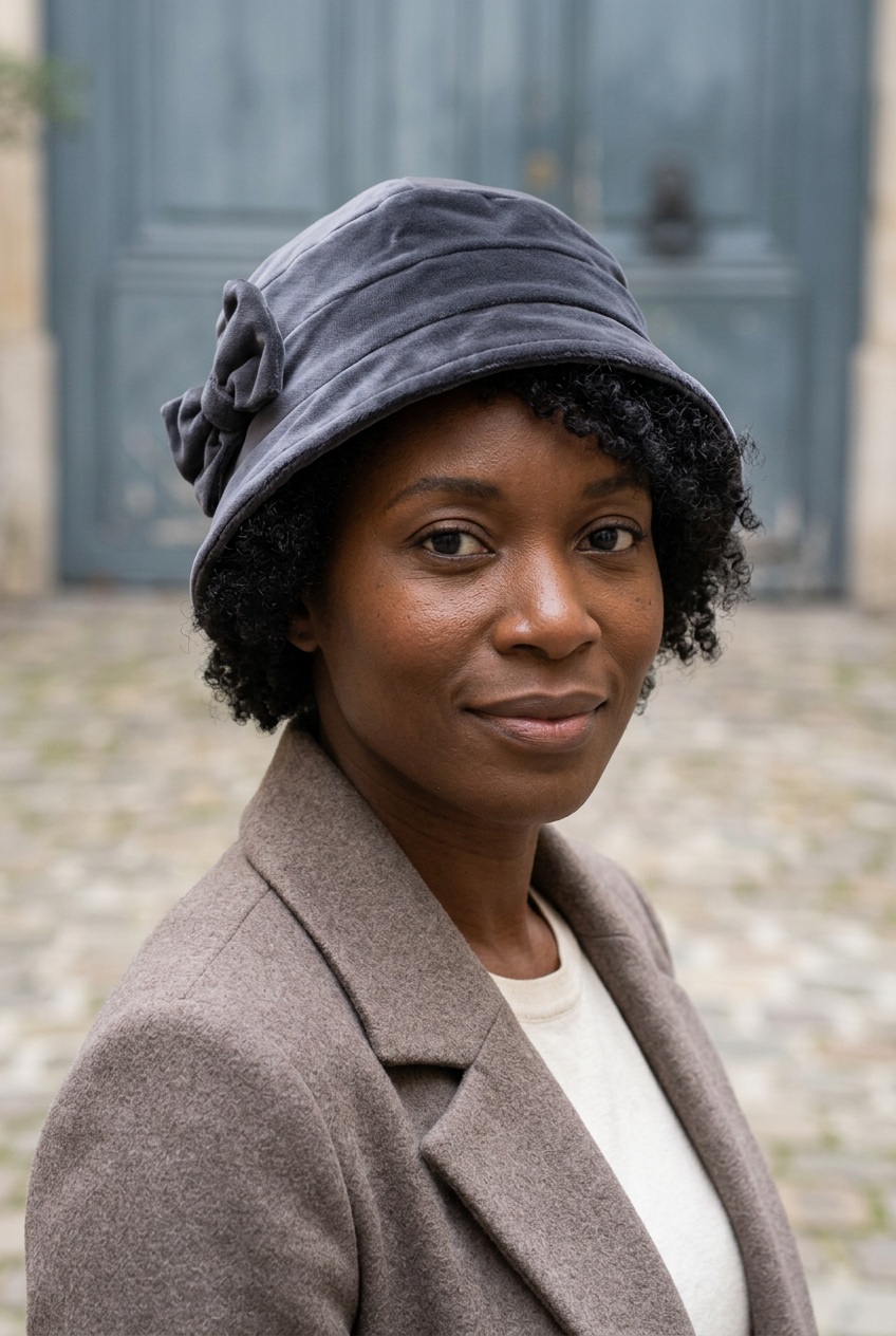 jeune femme portant un chapeau en velours lisse gris 