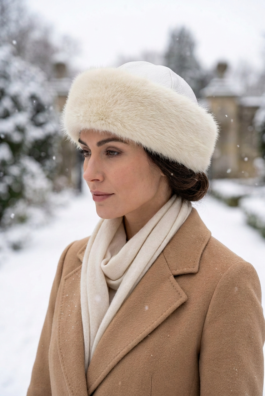 Une jeune femme porte une toque en fourrure blanche sous la neige