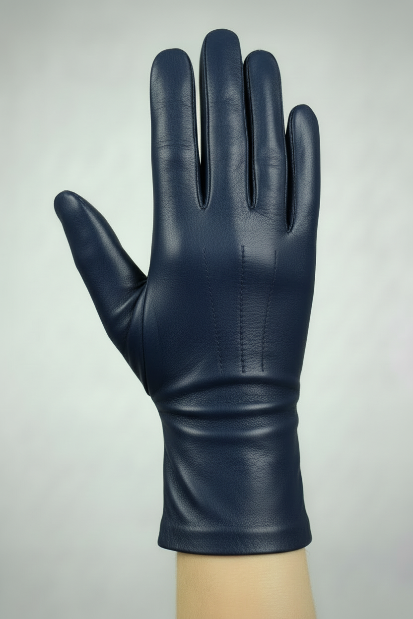 Main portant un gant en cuir bleu marine