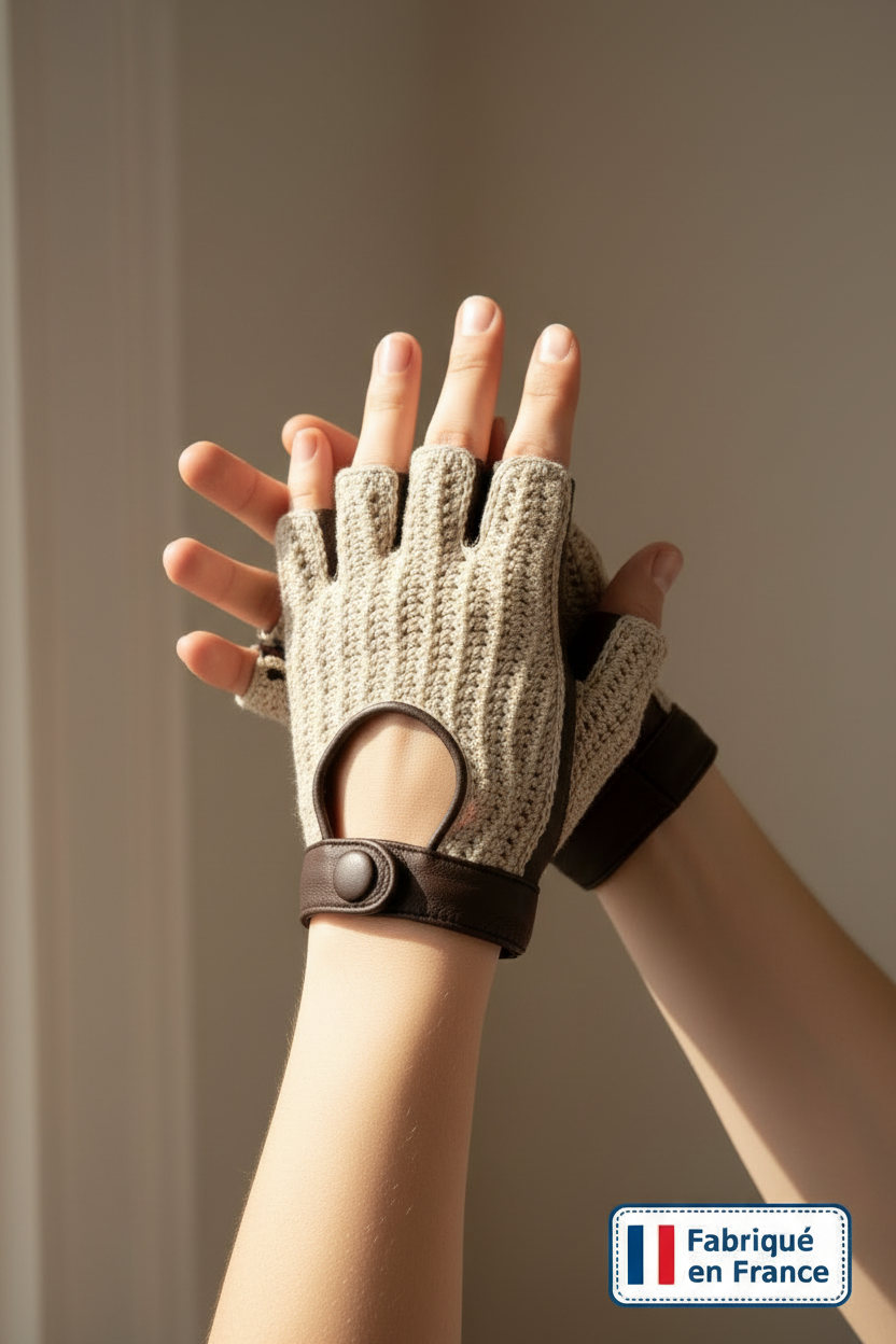 Deux mains pose naturelle mitaines crochet beige et cuir marron
