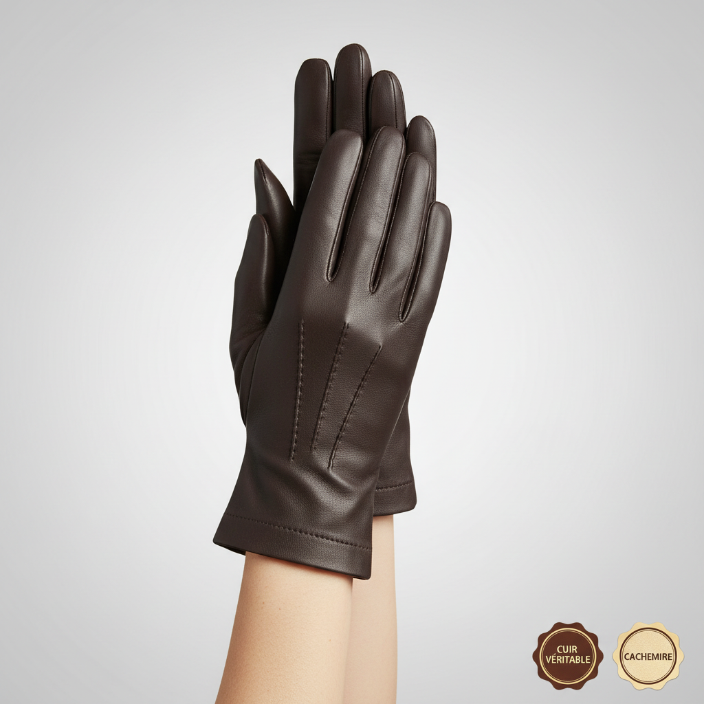 Mains portant les gants marron avec les deux logos cuir et cachemire