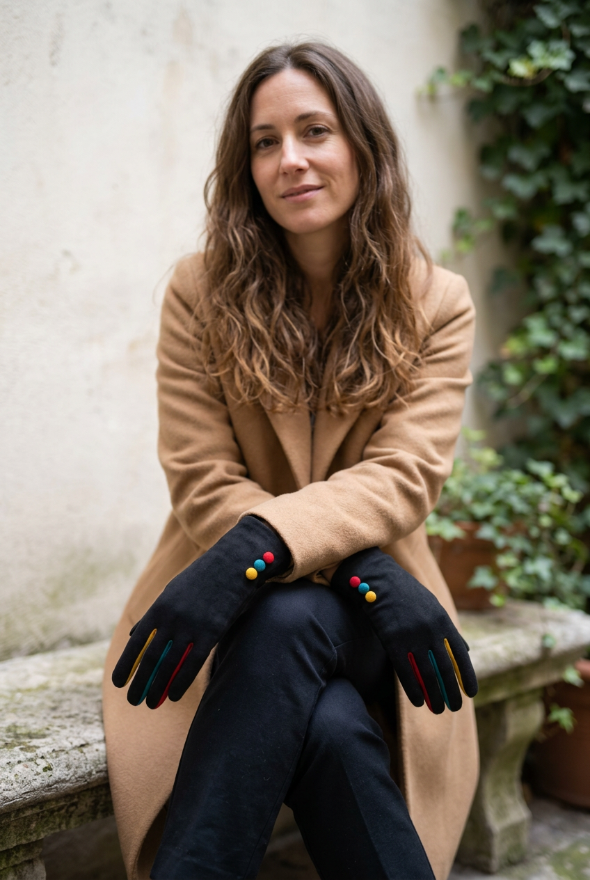 Nouveau visuel avec une pose naturelle et les gants noirs à détails colorés