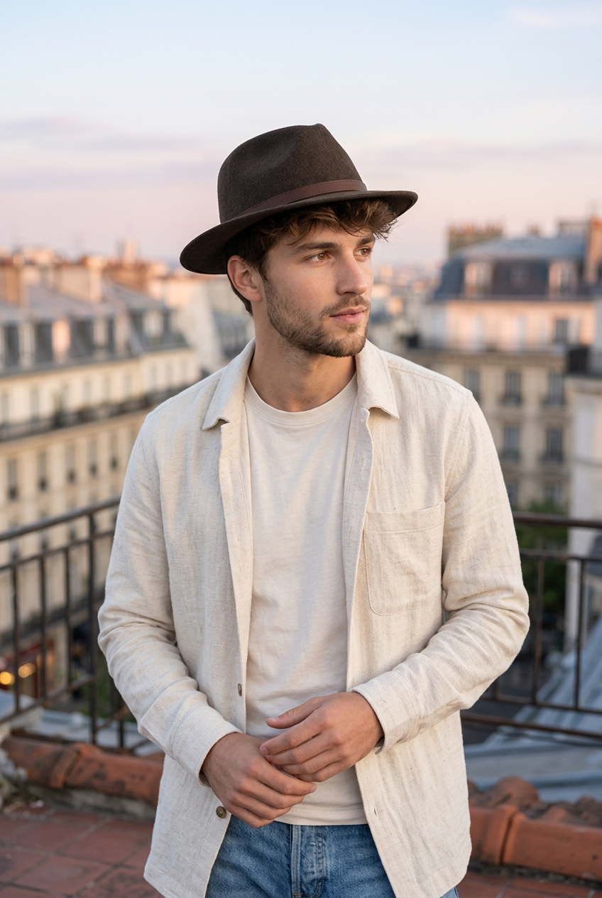 Nouveau visuel du chapeau porté par un jeune homme sur une terrasse parisienne
