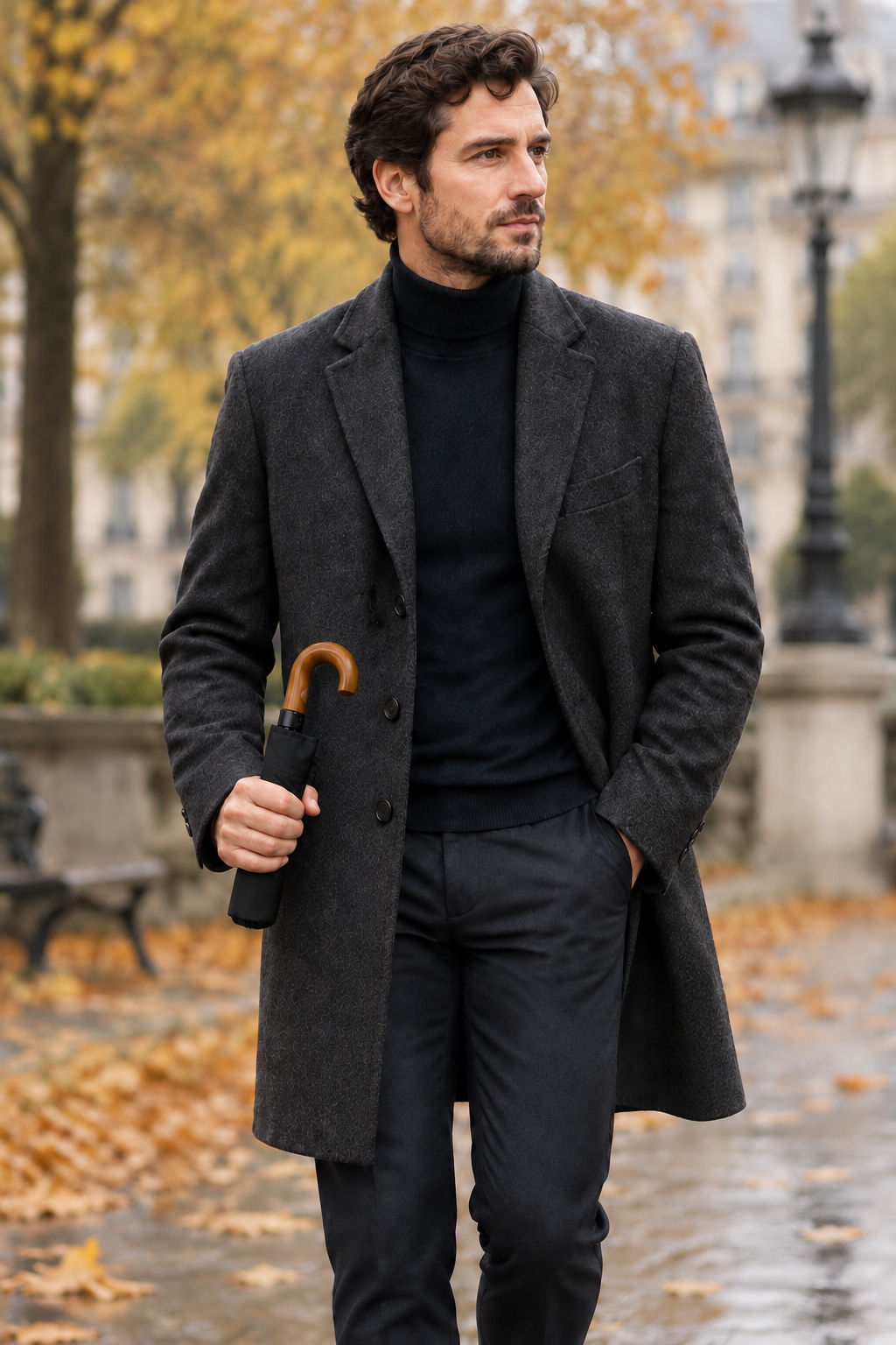 Parapluie compact avec poignée en bois affinée