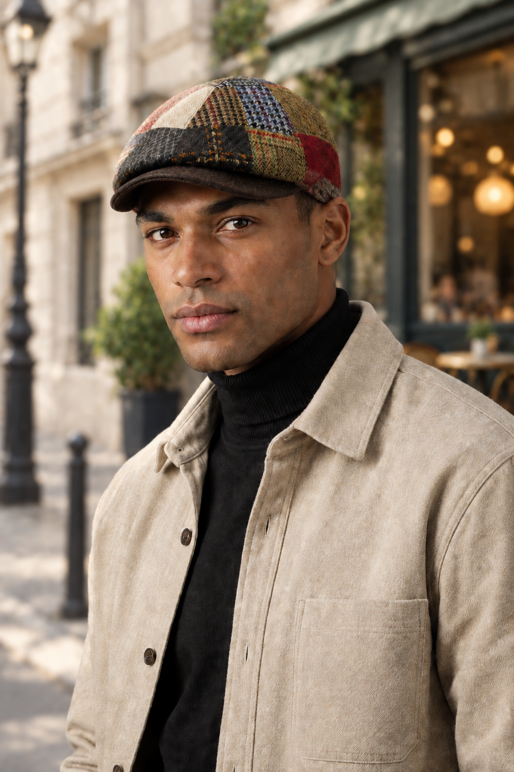Portrait avec la casquette patchwork dans un décor urbain