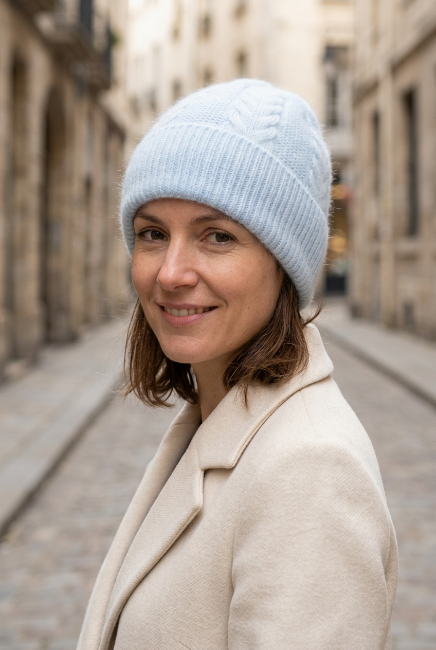 Portrait d’une femme portant le bonnet bleu clair avec des torsades en Angora