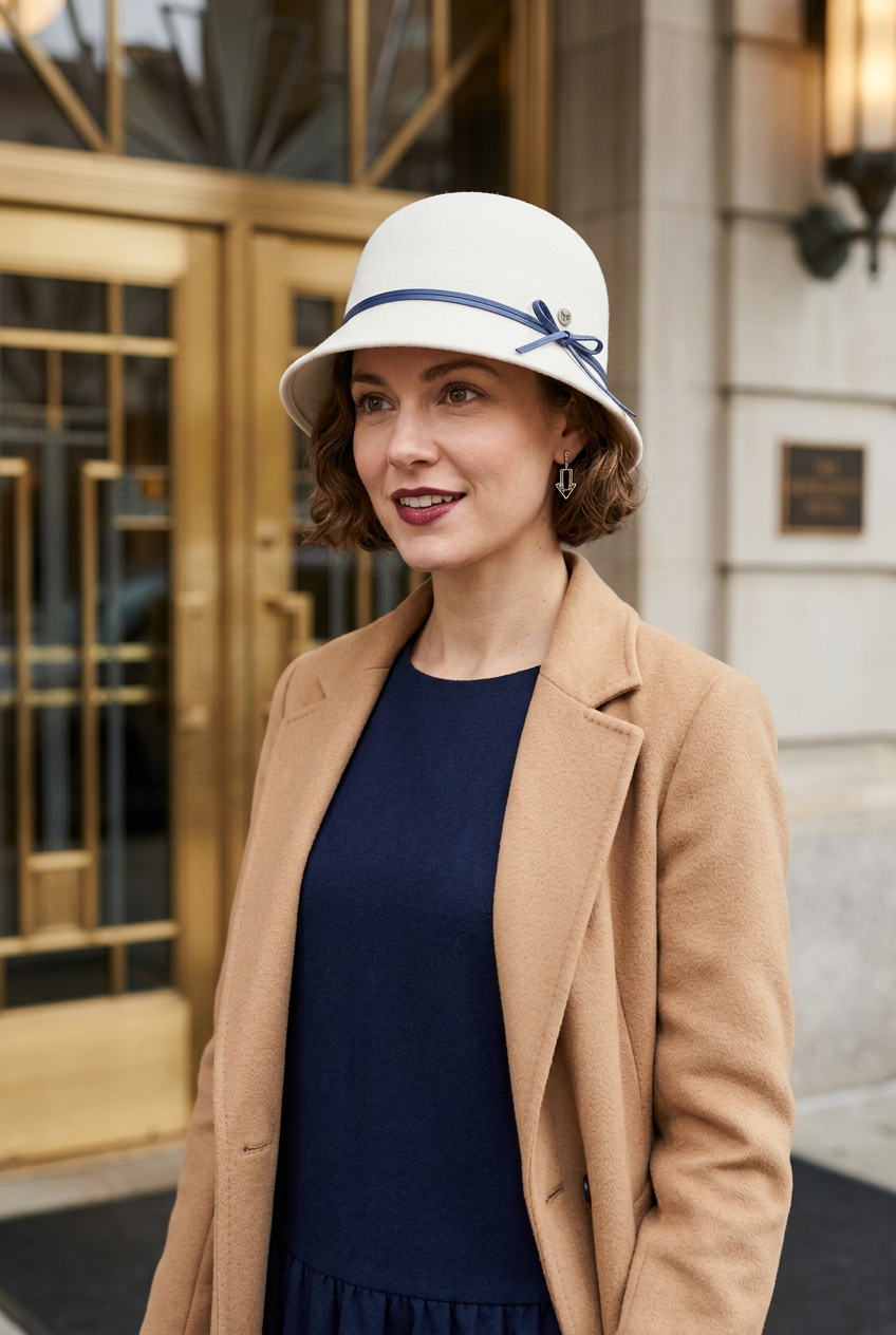 Portrait rétro-moderne années 20 avec le chapeau cloche écru à ruban bleu marine dans un décor Art déco