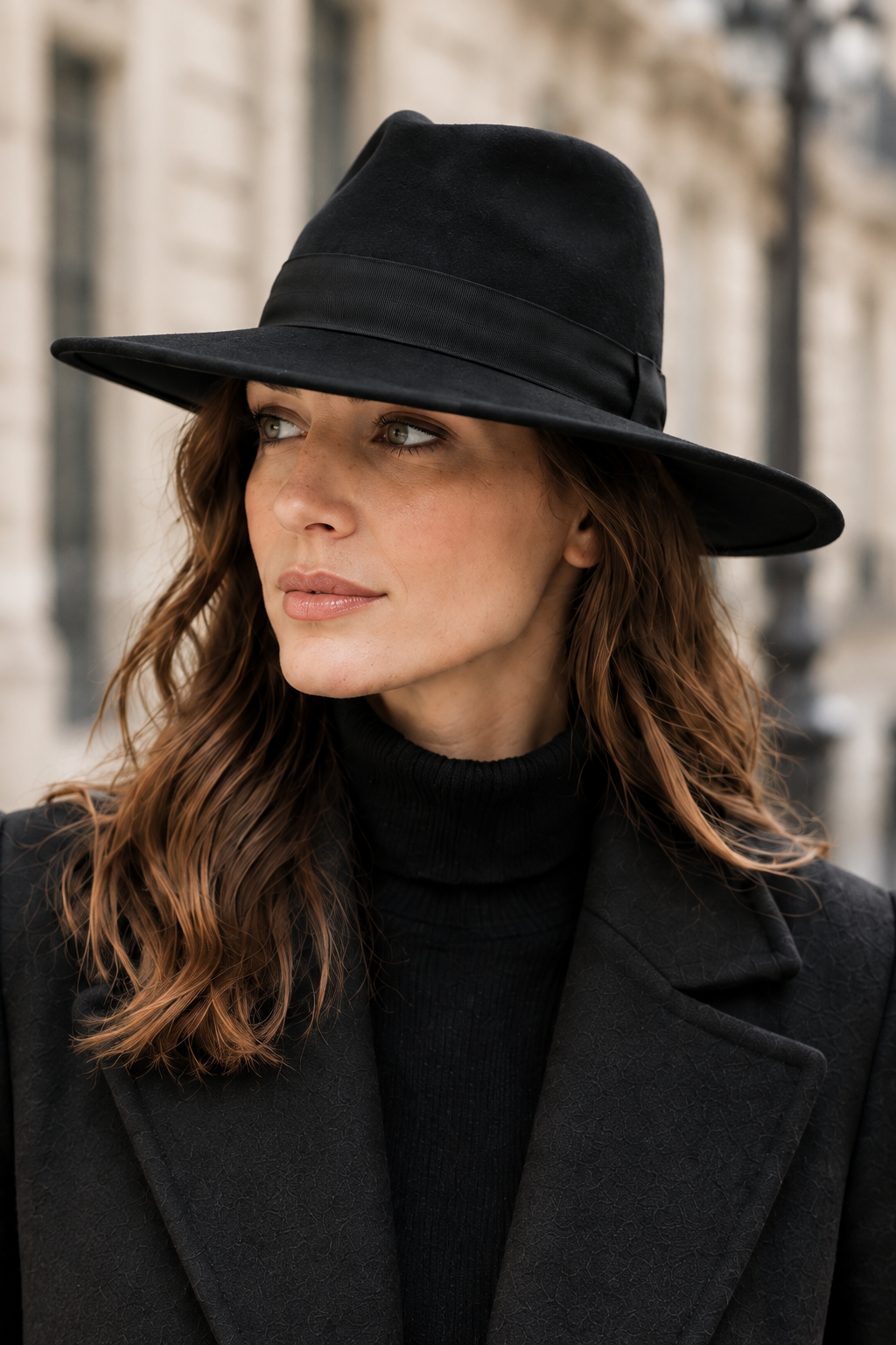 Portrait rapproché de la femme portant le chapeau noir