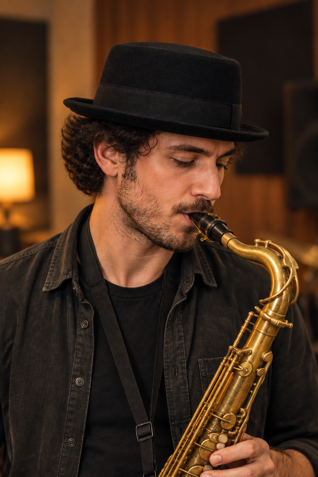 saxophoniste portant le pork pie noir