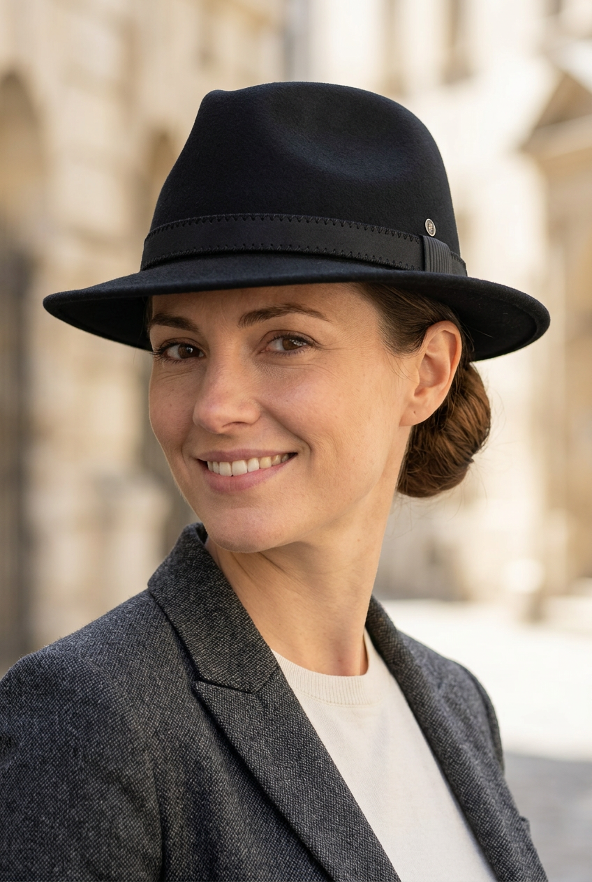 Portrait d’une femme aux cheveux attachés portant un chapeau noir au bord relevé à l’arrière