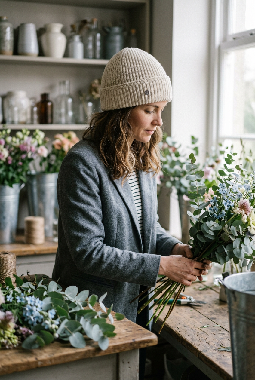Une jeune femme porte un bonnet en laine naturelle dans un atelier de fleuriste