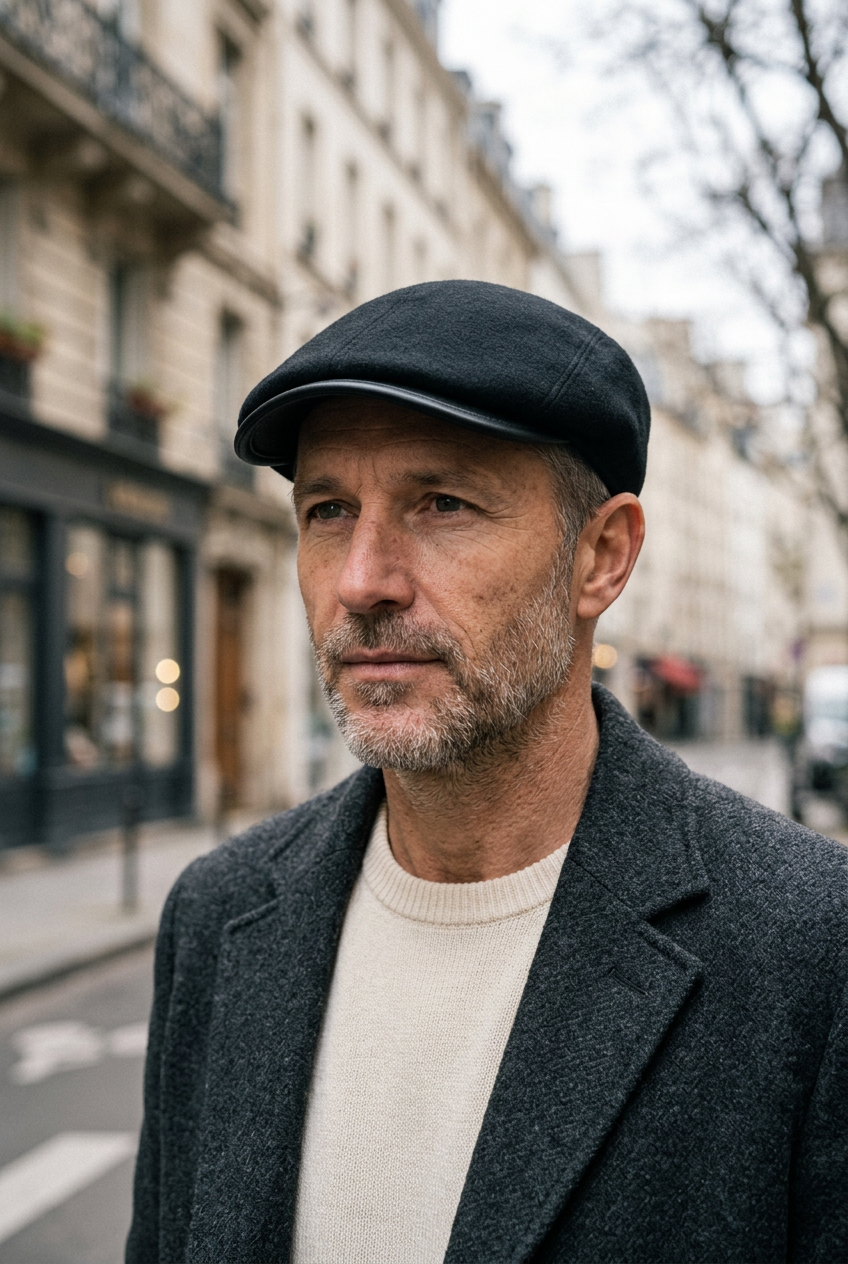 Visuel porté de la casquette cintrée à quatre bandes en laine noire, avec visière en simili cuir noir
