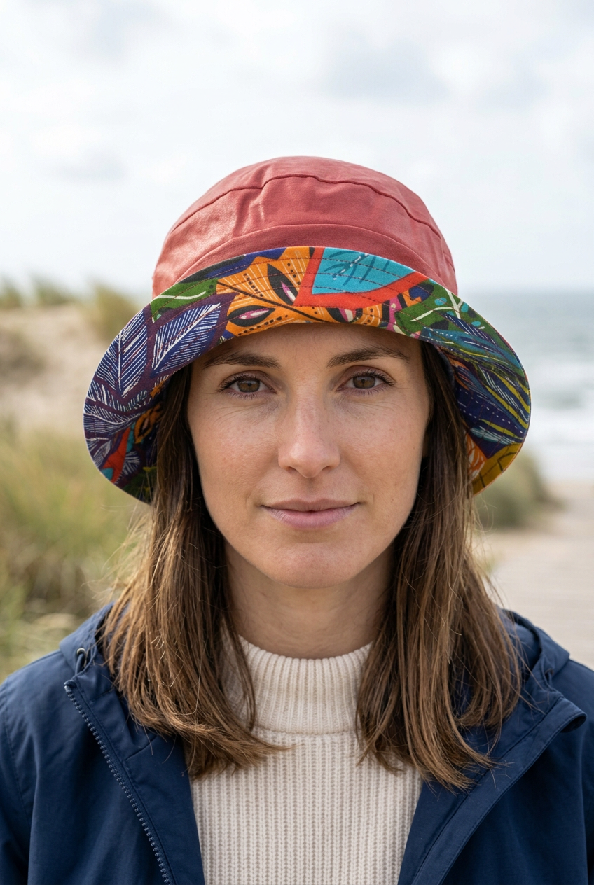 Vue rapprochée de face du chapeau de pluie terracotta porté par une jeune femme